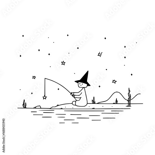 Wizard fishing for stars vector illustration whimsical line art drawing magical night scene fairytale fantasy art 100