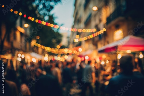 Blurry street scene with people and string lights, creating a warm, festive atmosphere in the evening along an alleyway with buildings