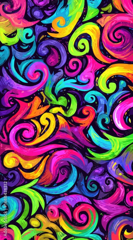 Fototapeta premium Vibrant abstract art swirling brushstrokes in neon pink, teal, yellow, and purple create a psychedelic, dynamic and colorful illustration