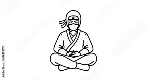 A calm ninja in a hooded costume and mask, sitting cross-legged for meditation.