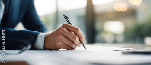 The hand of a professional signing a contract on a bright modern office desk