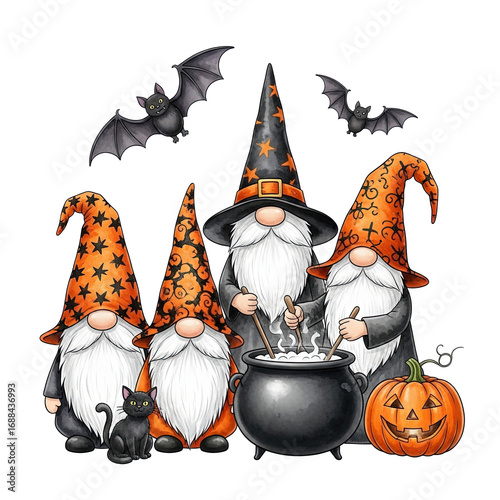Four adorable halloween gnomes with pointy hats and beards gathered around a cauldron isolated on transparent background