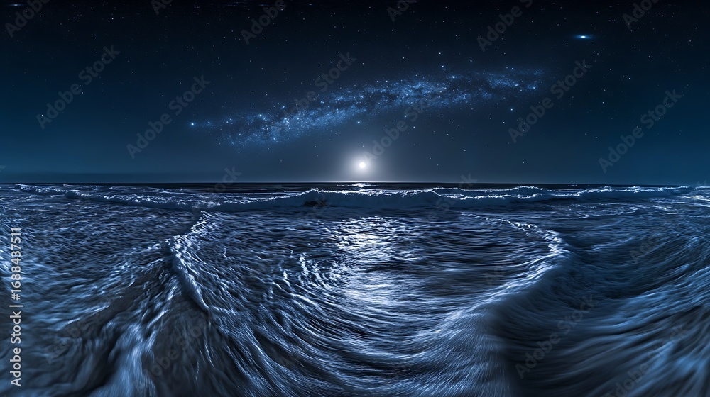 Fototapeta premium Vast ocean waves under a starry night sky with full moon