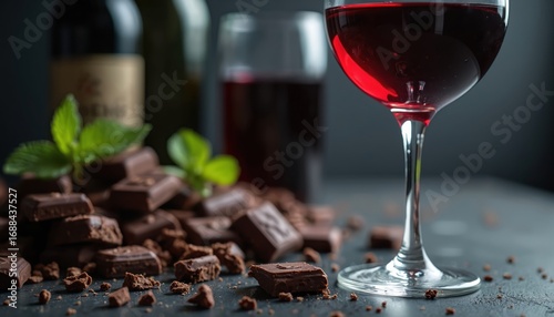 Close-up of glass of red wine next to pile of dark chocolate pieces. Wine, chocolate pairing suggests luxury, sophistication, indulgence. Fresh mint leaves add pop of green color, freshness to dark,