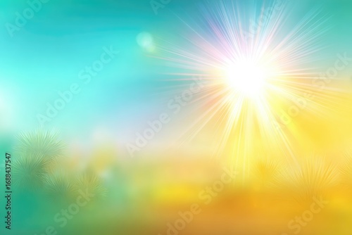 A vibrant, sunlit abstract background featuring a bright starburst, soft gradients of turquoise, yellow, and green, evoking a serene and ethereal atmosphere