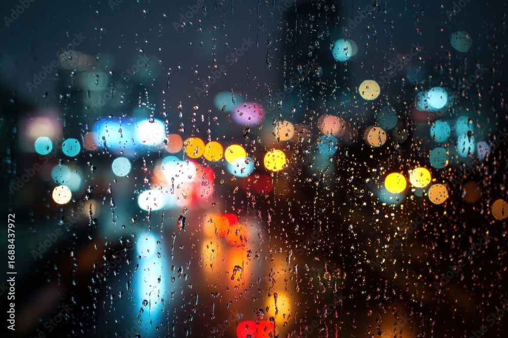 Obraz premium Raindrops on a city window at night. Blurred city lights visible through wet glass