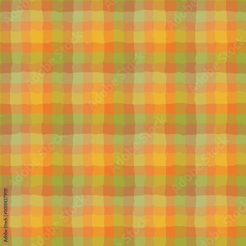 Seamless checkered pattern features a blurry, pixelated or watercolour -like texture with a warm autumnal palette. The squares vary in shades of orange, yellow, and green, creating an organic, cozy