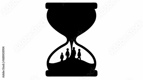 Silhouette of an hourglass with people inside representing the passage of time in black and white style