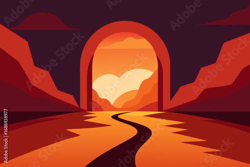 Vibrant sunset archway over a winding path through a fiery landscape