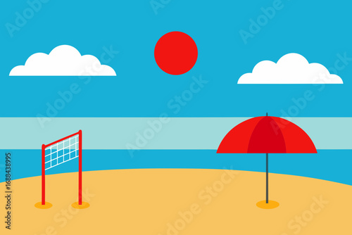 Vector illustration of a sunny beach scene with volleyball net and umbrella for summer designs