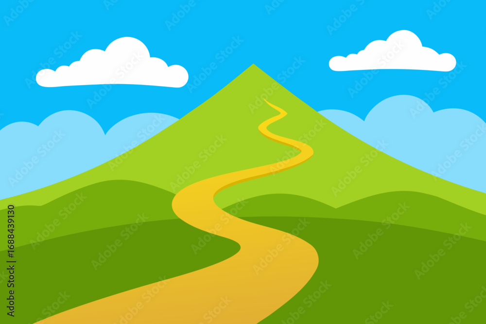 Fototapeta premium Green mountain landscape with winding path and fluffy clouds under blue sky vector illustration