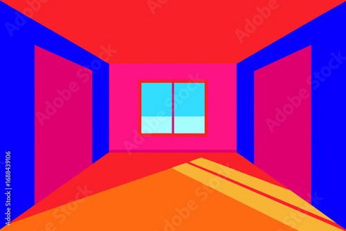 Vibrant abstract geometric interior illustration with window perspective vector art