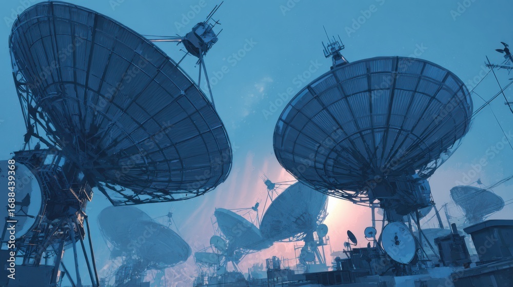 Obraz premium futuristic satellite dishes dusk sky
