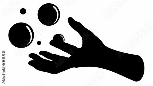 A black silhouette of a hand with fingers extended holding orbs of various sizes in a white space