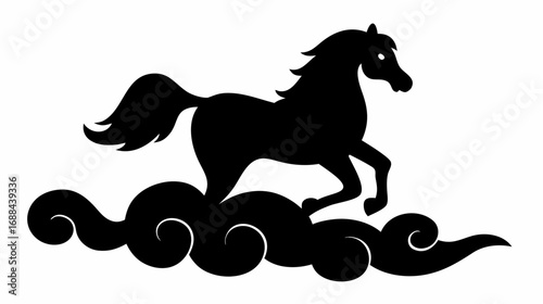 Silhouette of a horse prancing on stylized clouds in black and white simple vector illustration art