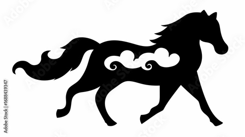Silhouette of a horse with a decorative cloud pattern on its side walking to the right side view art