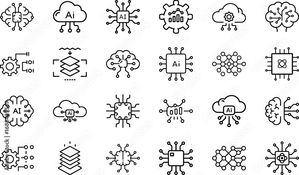 Obraz premium Futuristic Artificial Intelligence Icons Pack – Machine Learning, Neural Network, Cloud Computing, Data Science, AI Brain, Processor Chip, Deep Learning, Automation Technology, and Innovation Vector 