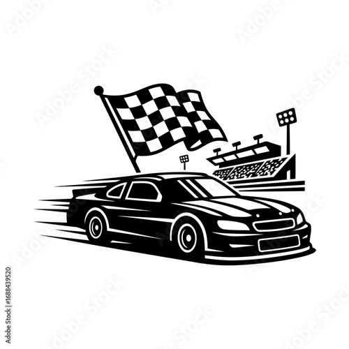 Black and white NASCAR car vector. Dynamic composition, bold lines, checkered flag, arena silhouette. Layered, high-res graphic.