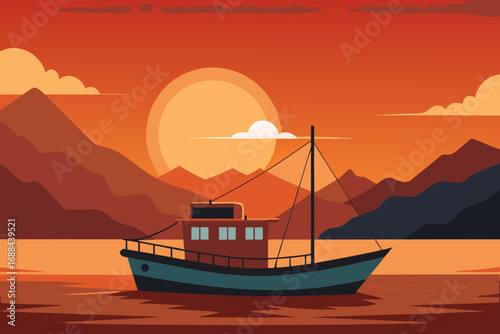Serene vector illustration of a boat sailing on calm water during sunset