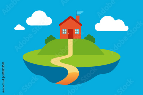 Charming isometric illustration of a house on a floating island with clouds and path