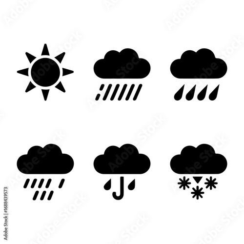 Diverse weather icons set featuring sun rain snow clouds and stormy forecast symbols for digital applications and visual presentations vector