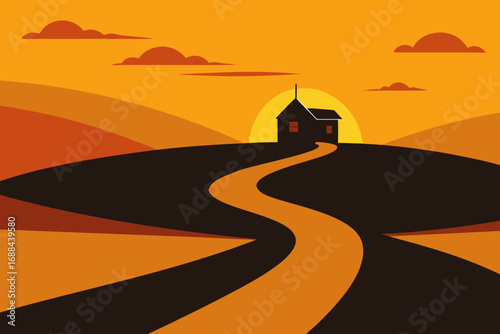 Serene autumn landscape vector illustration of a winding path leading to a farmhouse at sunset