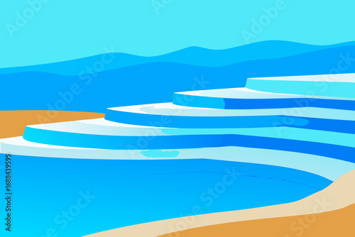Serene blue terraces meeting sandy beach in artistic nature landscape vector illustration
