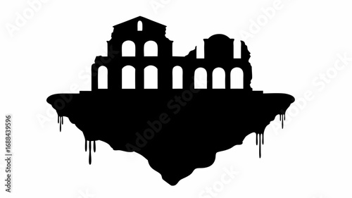 Silhouette of a ruined building with arches on a floating island with dripping edges against a white background