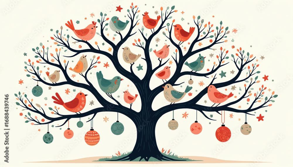 Fototapeta premium Whimsical tree illustration features colorful birds perched on branches adorned with festive ornaments, foliage. Charming artwork displays vibrant flora, fauna, creating cheerful, nature-inspired