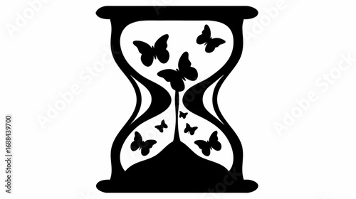 Hourglass filled with butterflies in black and white representing time passing and transformation concept
