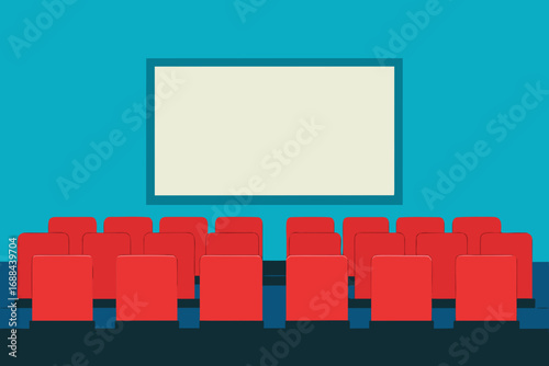 Empty cinema hall with red seats and blank screen vector illustration