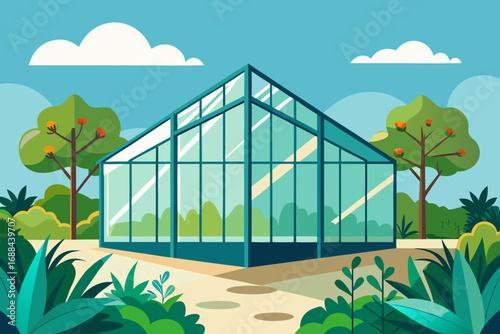 Vector illustration of a modern greenhouse surrounded by lush greenery and trees