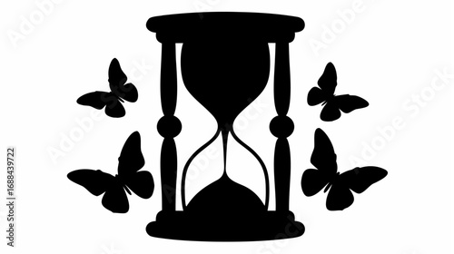 Silhouette illustration of an hourglass surrounded by four butterflies against a white background