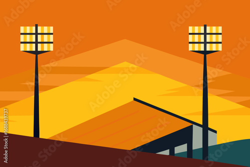 Vector illustration of sports stadium lights at sunset scenery