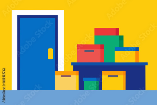Colorful moving boxes stacked by blue door flat vector illustration for storage and delivery