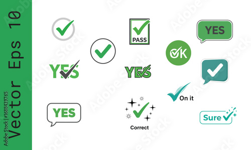 Green Check Mark Vector Icons Set Approval Success Correct Pass Yes Sure On It Quality Graphic
