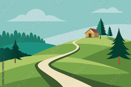 Serene vector landscape illustration of a winding path leading to a cozy hillside cottage