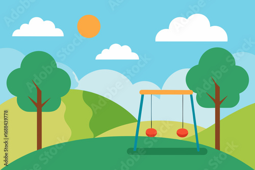 Charming vector illustration of a sunny park scene with swings trees and clouds