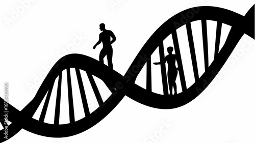 Silhouette of two people standing on a dna strand in black and white against a plain white background
