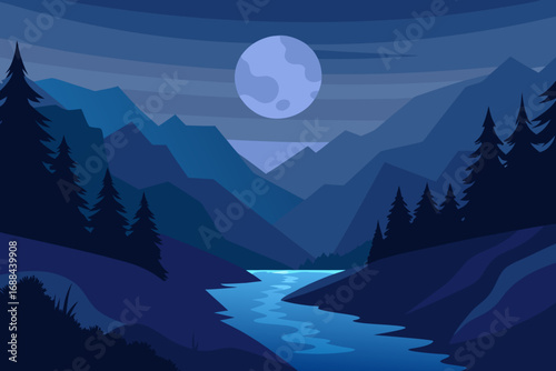 Serene blue moonlit mountain valley river landscape vector illustration scalable nature scenery