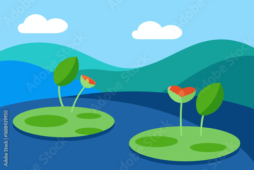 Serene lakeside illustration with blooming flowers and rolling hills in vector art