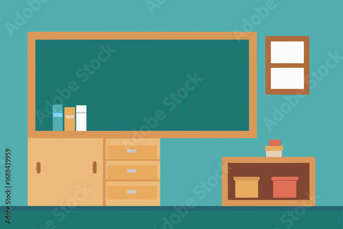 School classroom scene vector illustration with chalkboard books and desk