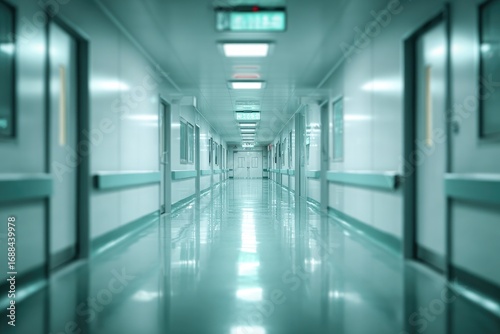 Wallpaper Mural A long, bright, teal-toned corridor with doors on either side, receding into a blurred distance under fluorescent lights Torontodigital.ca