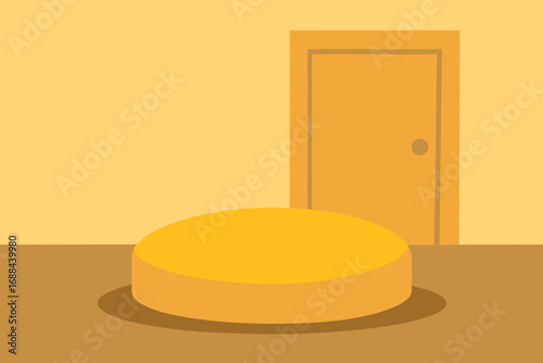 Flat vector illustration of a round yellow platform in front of a wooden door and orange wall