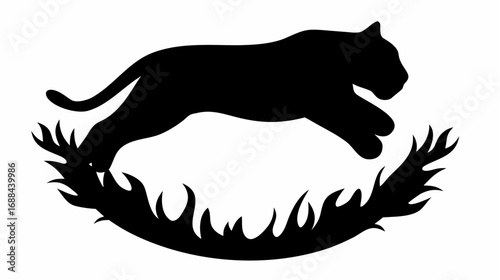 Silhouette of a panther leaping over a semi circular patch of grass in a black and white illustration