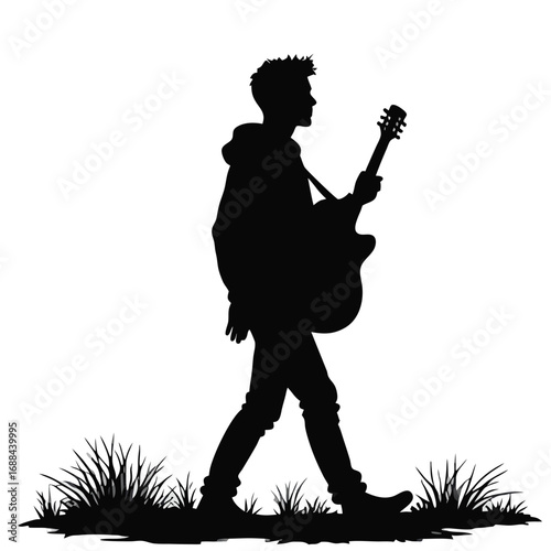 Silhouette of a young man walking with a guitar vector