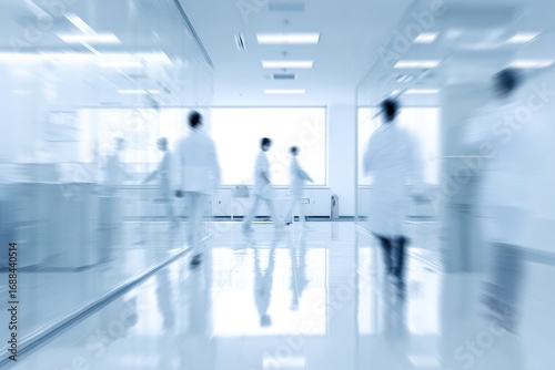 An abstract, blurry scene of people in white coats walking through a bright, sterile hallway with glass walls, under fluorescent lighting in a modern building