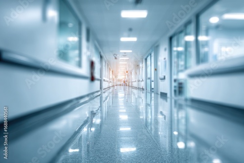 Long, blue-toned blurred corridor featuring shiny floors, leading to a bright source of light at its vanishing point, gives a sense of depth and distance