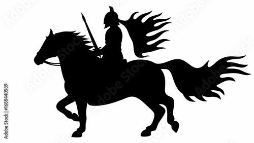 Silhouette of a knight with helmet and spear riding a horse with a decorative tail and cape flowing