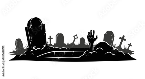Open Grave with Zombie Hand Silhouette
